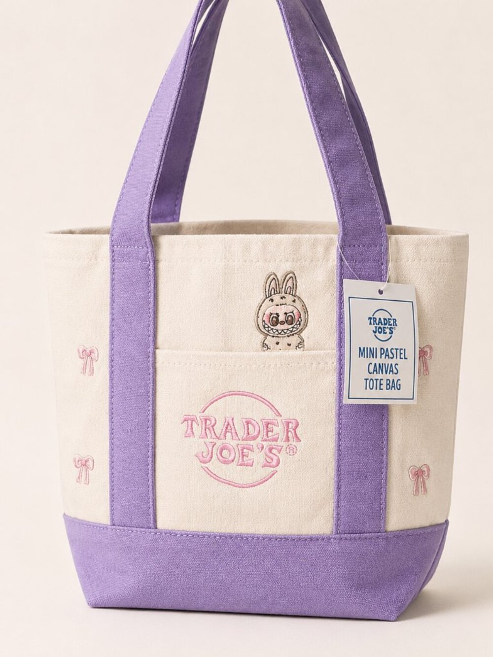 Trader Joe's Custom Pastel Mini Tote Labubu Ribbon Bow Embroidered Tote Purple